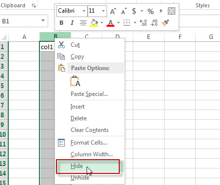 column hide right click