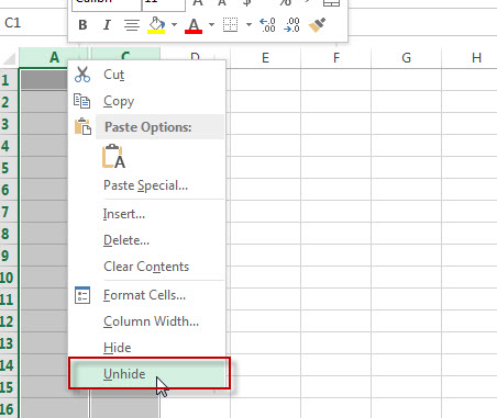 column unhide right click