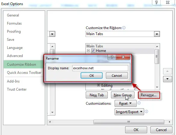 customize the ribbon-rename tab