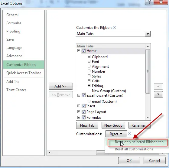 customize the ribbon-reset tab