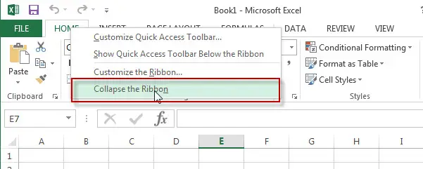 excel collapse ribbon