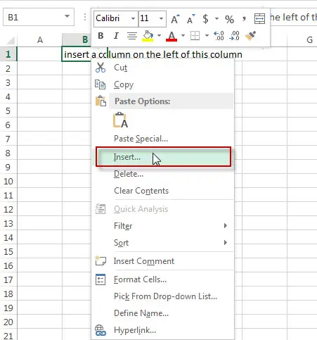 excel column right-click