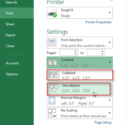 excel print collated uncollated