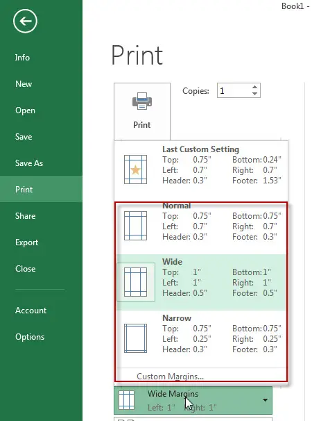 excel print margin drop list