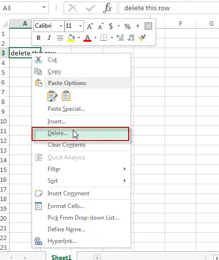 excel row delete right click