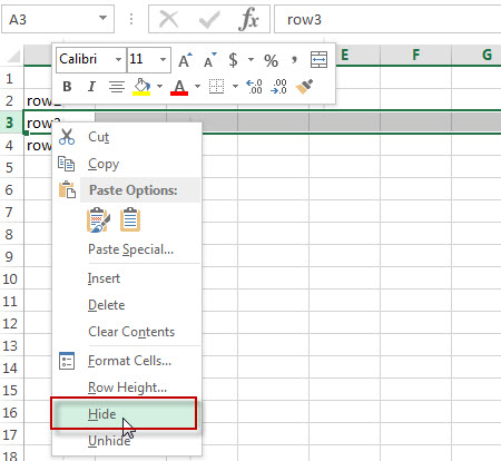 excel row hide right click