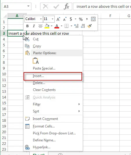 excel row right click