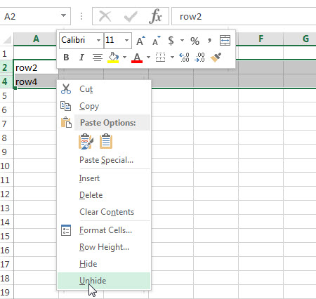 excel row unhide right click