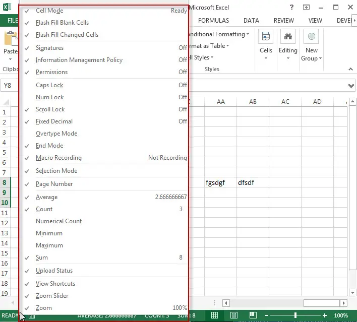 excel status bar