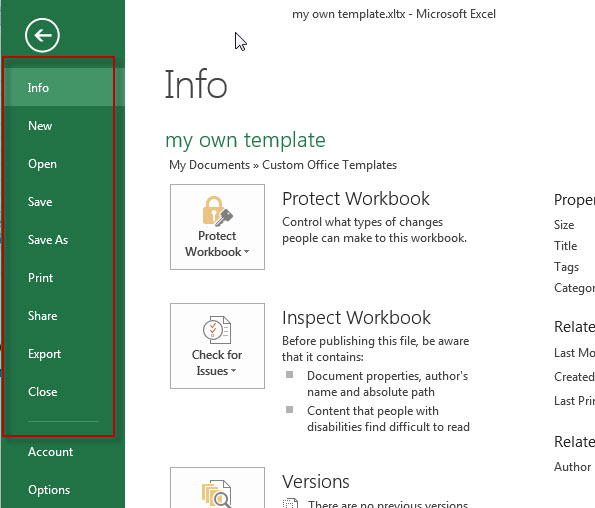 excel window file tab