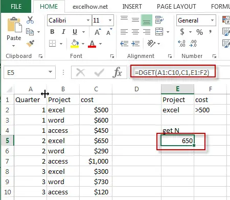 Excel Dget Function