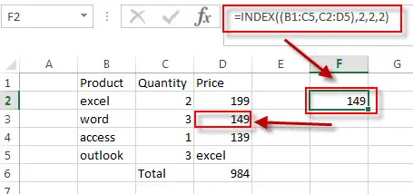excel index function example2