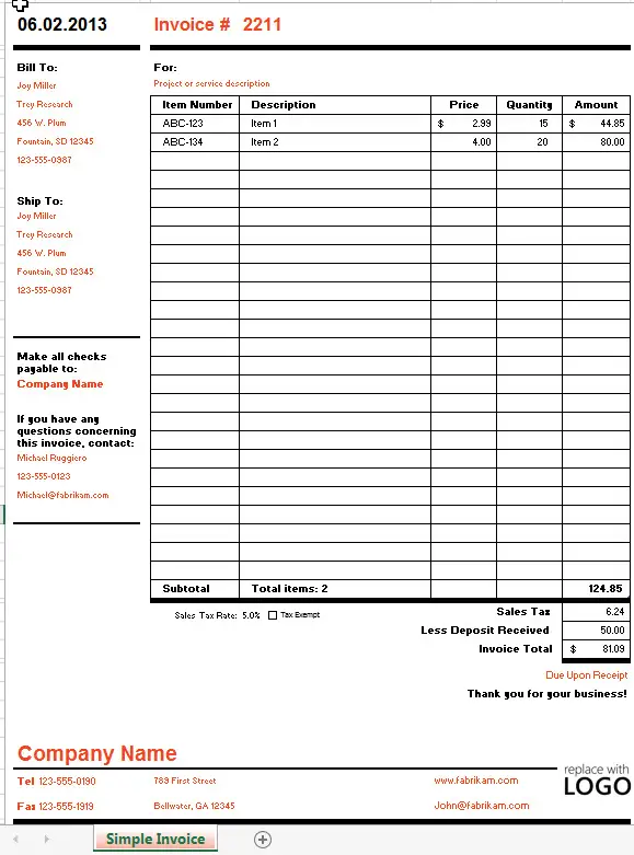 Invoice template that calculates total In MS Excel1