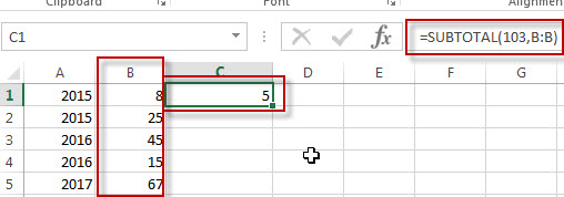 excel subtotal function example1