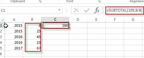 excel subtotal function example1