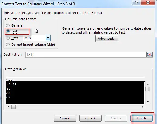 Convert Number to Text Using Text to Columns wizard1