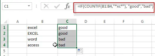 Excel IF function with Wildcards text value1