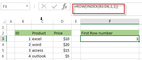 Get First Row Number using the ROW Function Only 3