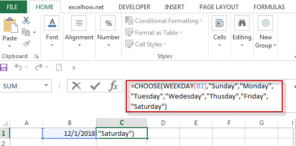 Get a day name of the week using WEEKDAY and CHOOSE function1