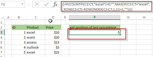 Get the position (index) of Last Occurrence of a value4