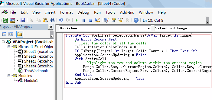 highlight row and column within region1