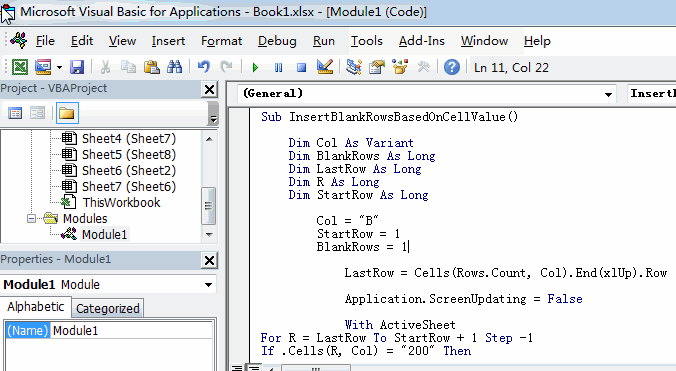 insert blank rows based on cell value1