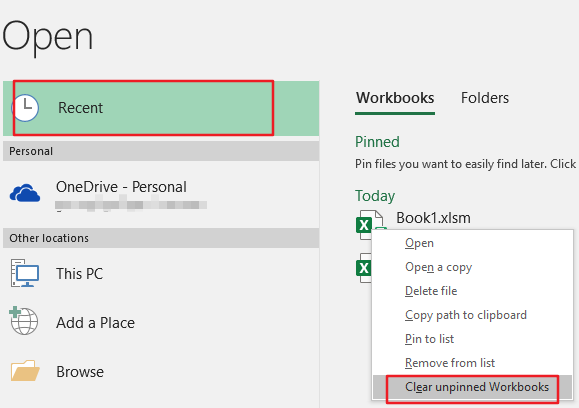 clear recent workbook list5