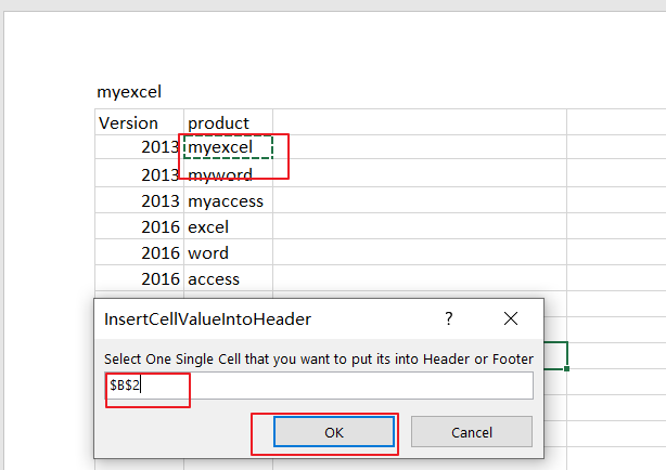 How to insert cell value into header or footer in Excel3