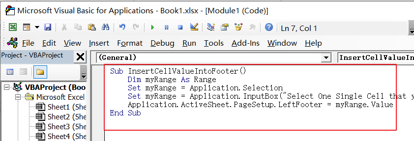 How to insert cell value into header or footer in Excel5