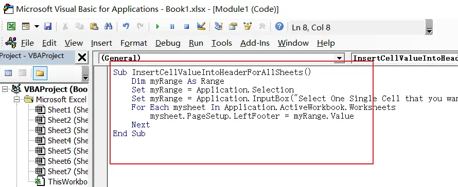 How to insert cell value into header or footer in Excel8