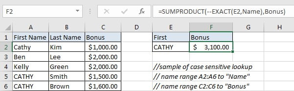 Case Sensitive Lookup with SUMPRODUCT and EXACT