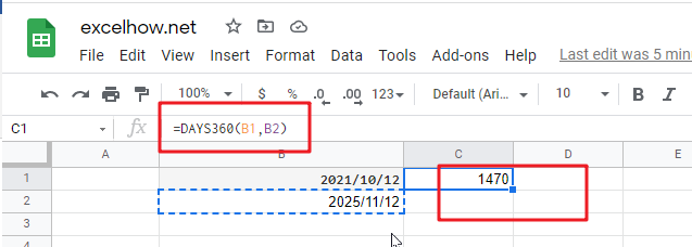 Google Sheets DAYS360 Function