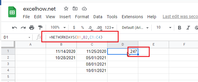 Google Sheets NETWORKDAYS Function