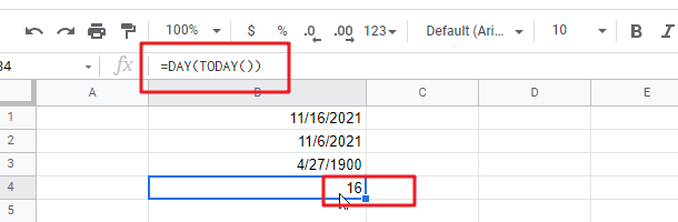 google sheets today function