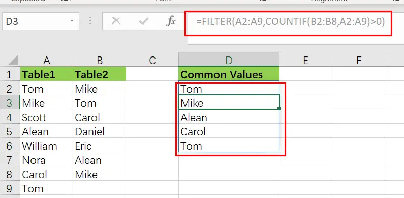 extract common values from two lists1