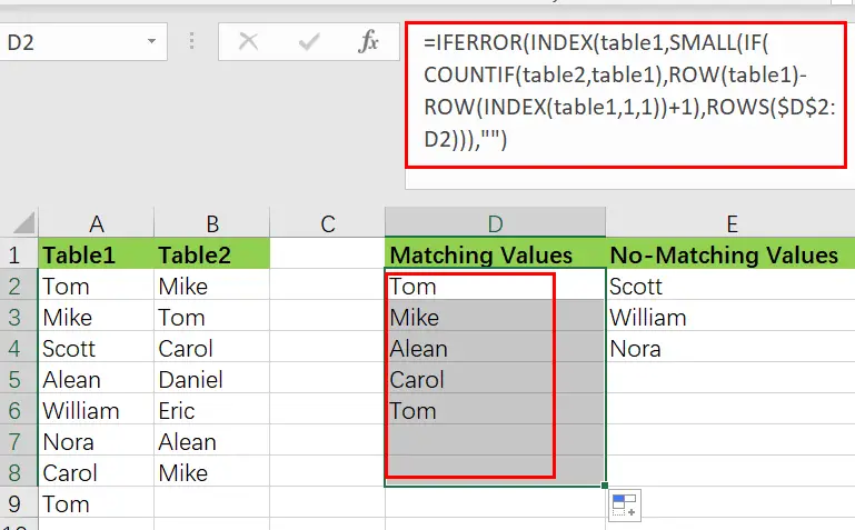 extract matching values from two list1