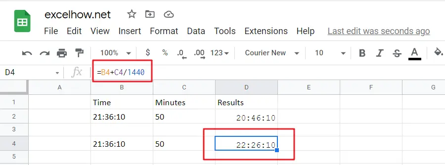 Add Minutes to Time in google sheets1