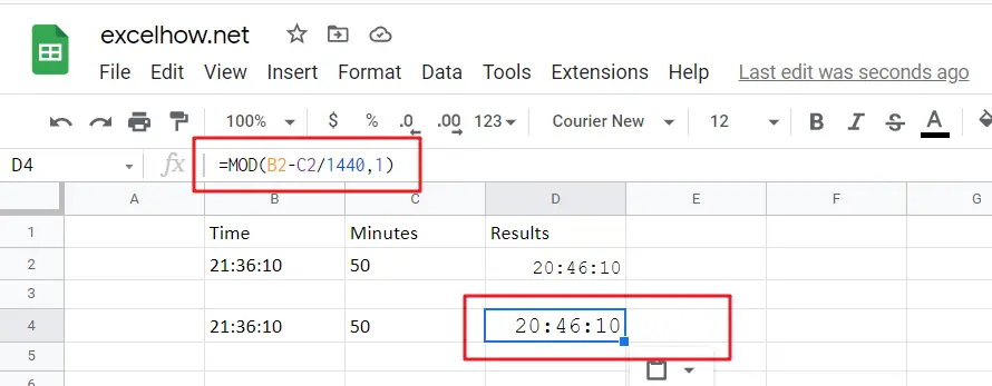 Add Minutes to Time in google sheets1