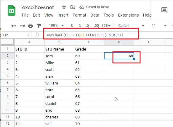 Average last 5 values in google sheets1