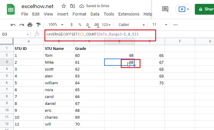 Average last 5 values in google sheets1