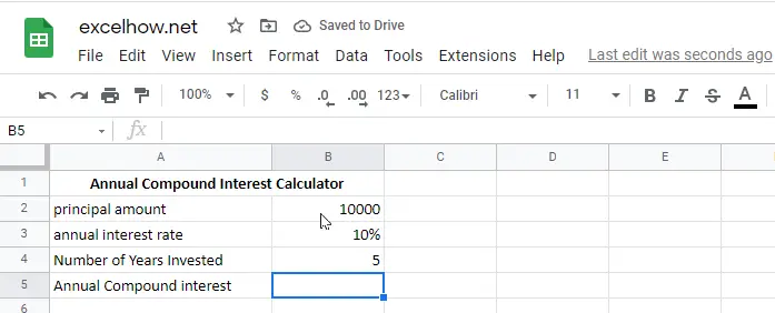 Calculate Compound Interest google sheets1