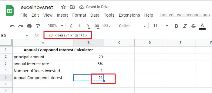 Calculate Compound Interest google sheets1