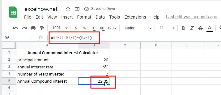 Calculate Compound Interest google sheets1