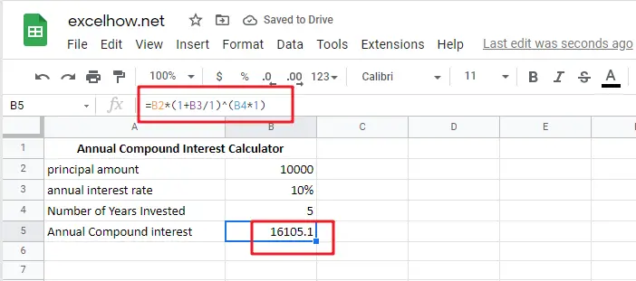 Calculate Compound Interest google sheets1