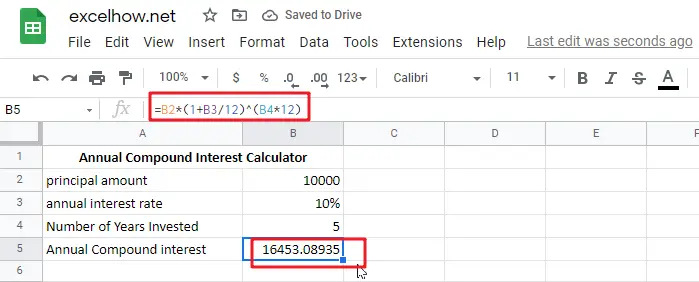 Calculate Compound Interest google sheets1