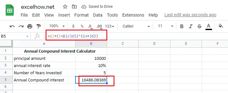 Calculate Compound Interest google sheets1