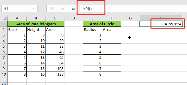 calculate the area excel1