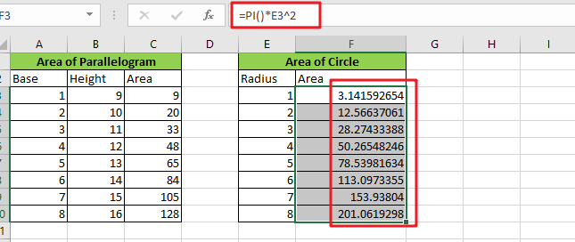 calculate the area excel1