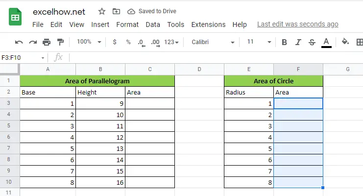 calculate the area in google sheets1