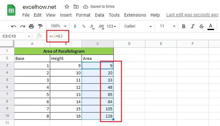 calculate the area in google sheets1